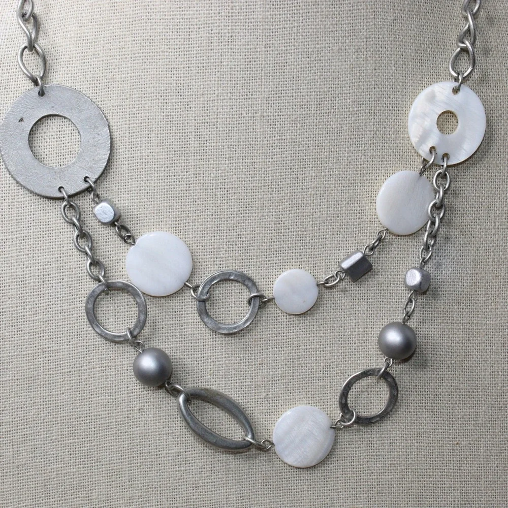 Necklace Layered Mother of Pearl Geometric Silver Tone Boho Modernist Statement